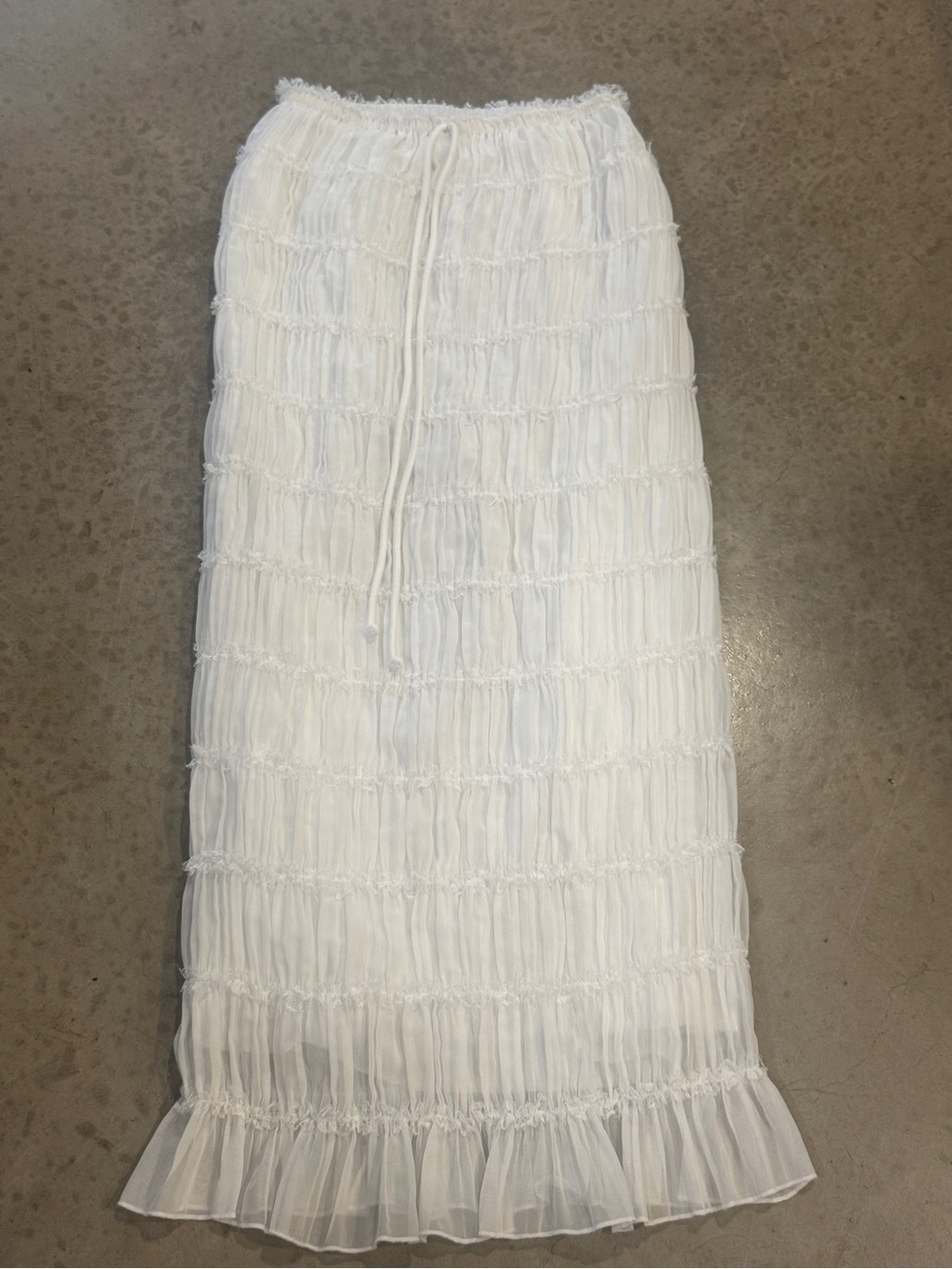 White Smocked Maxi Skirt with Ruffle Hem
